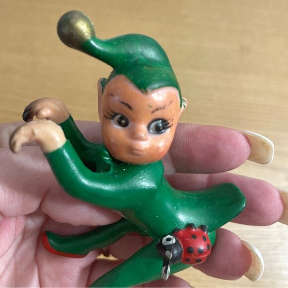 Vtg 50s Red Green Pixie Elf Figurines Ladybug Rubber Hangers Climbers Christmas - Picture 6 of 9
